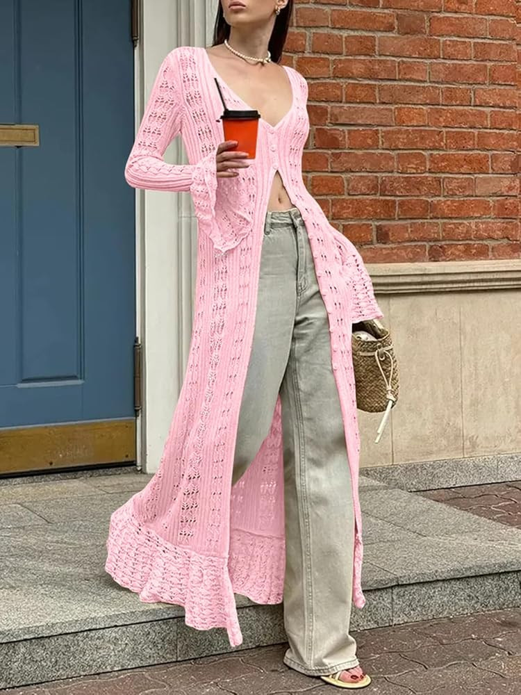 Saodimallsu Womens Crochet Long Cardigans Duster Button Up Bell Long Sleeve Ruffle 2026 Summer Bo... | Amazon (US)