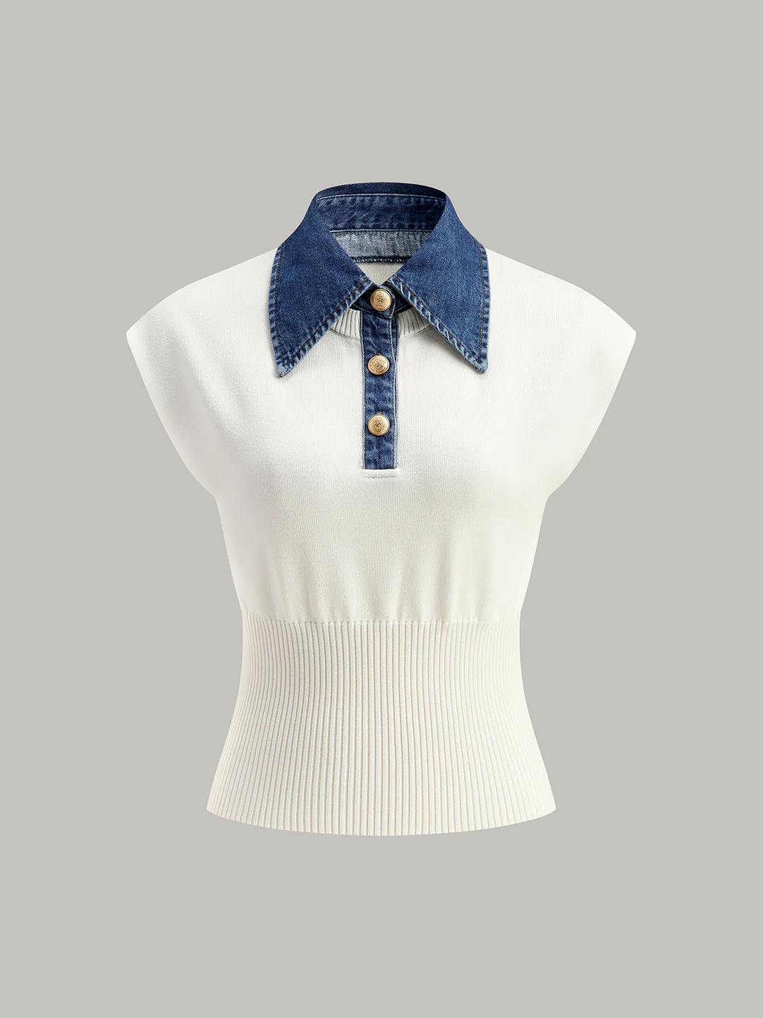 Denim Collar Ribbed Knit Top | Commense