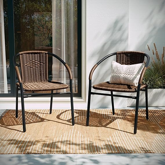 EMMA + OLIVER Set of 2 Modern Rattan Indoor/Outdoor Stack Chairs, Stacking Rattan Patio Chairs wi... | Amazon (US)