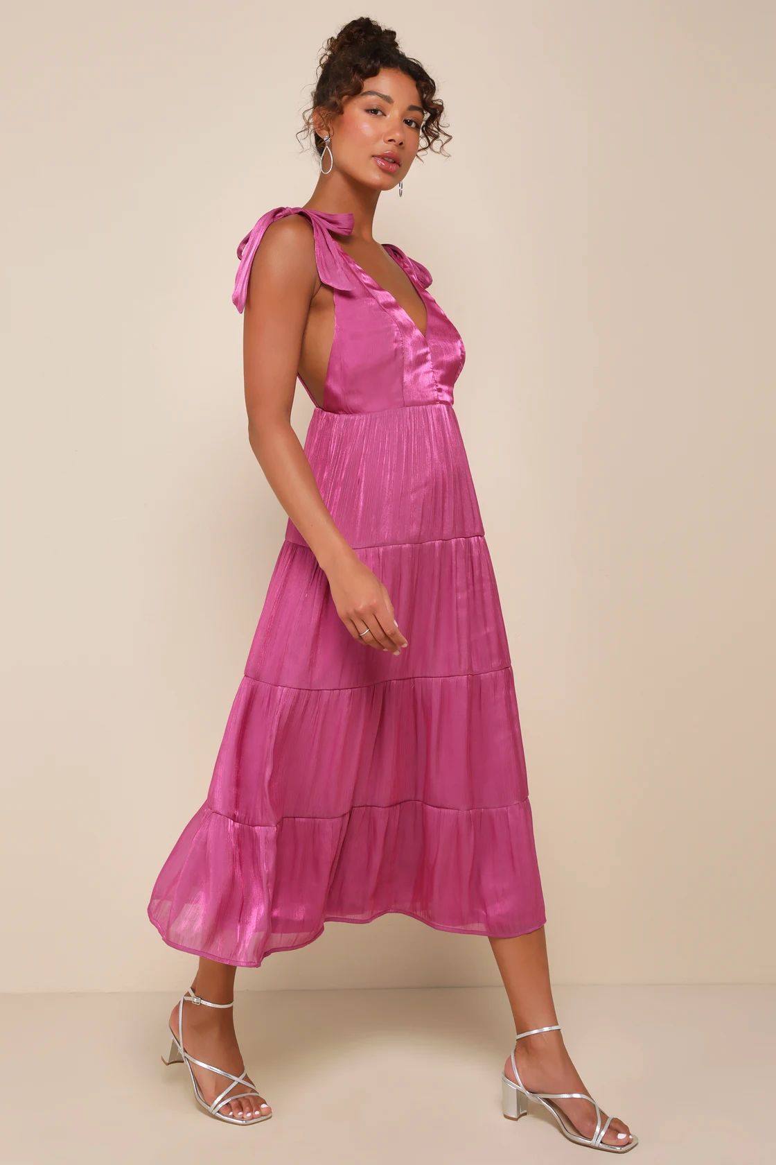 Exemplary Shine Magenta Organza Tie-Strap Tiered Midi Dress | Lulus