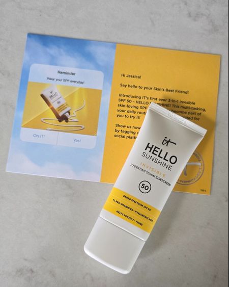 Say hello to Hello Sunshine from It Cosmetics. This is a 3-in-1 invisible sunscreen, daily SPF 50, hydrating serum and Makeup primer all in one. It Cosmetics, sunscreen, Hello sunshine, SPF 50, broad spectrum mineral sunscreen, invisible sunscreen

#LTKover40 #LTKbeauty #LTKswim