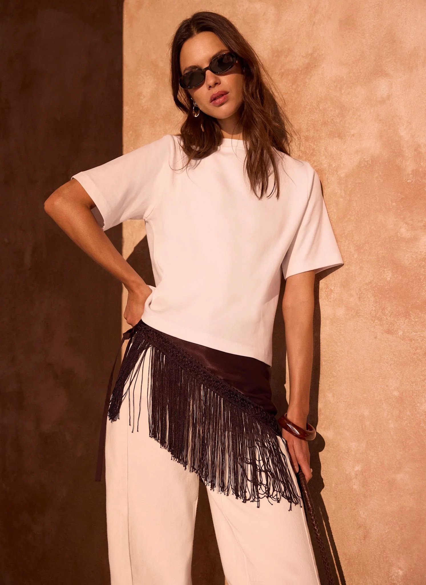 Brown Satin Fringe Waist Scarf | Mint Velvet