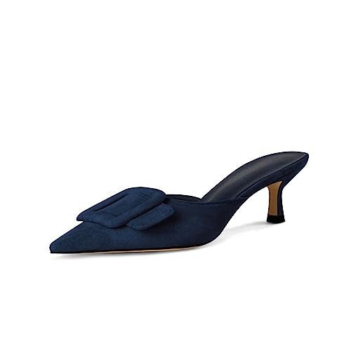 Volrina Kitten Heel Mules Sandals for Women Pointed Toe Square Buckle Backless Slip on Suede Stiletto Dress Heeled Sandals Wedding Party Shoes Dark Blue 5 | Amazon (US)