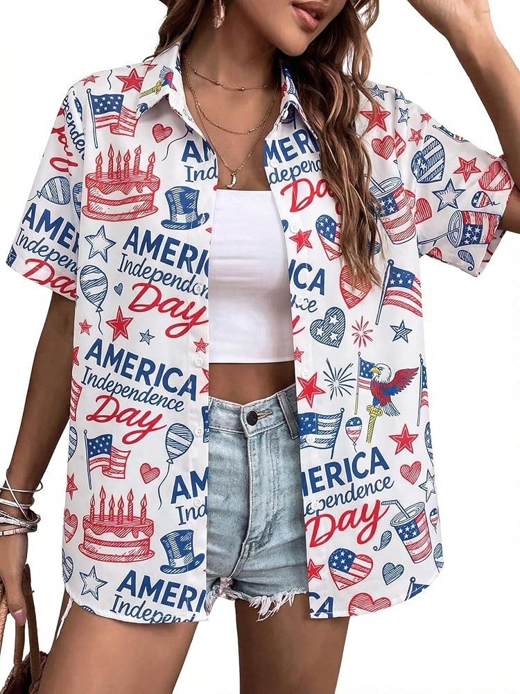 FRYAID American Flag Shirt Women 4th of July Shirts Hawaii Floral Patriotic Stars Stripes Tee USA... | Amazon (US)