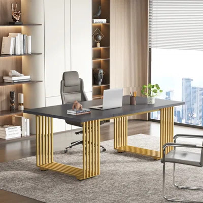 70.9" Modern Office Desk, White Executive Desk With Gold Metal Frame | Wayfair North America