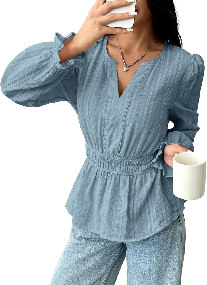 Pink Queen Women's Long Sleeve Peplum Blouse Solid Cotton Fit Top 2026 | Amazon (US)