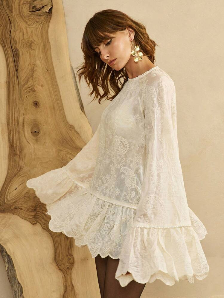 Arave Women's Solid Color Embroidered Floral Crew Neck Long Flare Sleeve Lace Pearl Chain Elegant Urban Women Blouse, Spring/Summer/Autumn Fall Cloth For Women | SHEIN