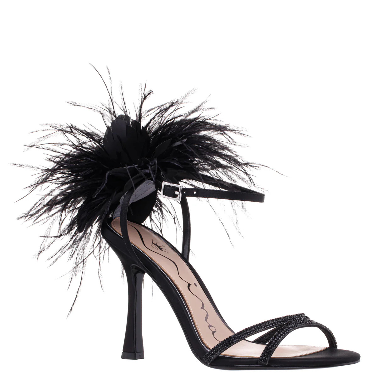 Womens Demi Black Satin High-Heel Sandals with Black Crystals, Feathers and an Ankle-Strap | Nina... | Nina Shoes