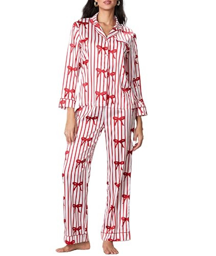 KMBANGI Women Christmas Satin Pajama Set Bow Christmas Pajamas Cute Holiday Matching Two Piece Sleepwear Button Down Bow Pjs Set Santa Loungewear(Bow Red Stripes,L) | Amazon (US)