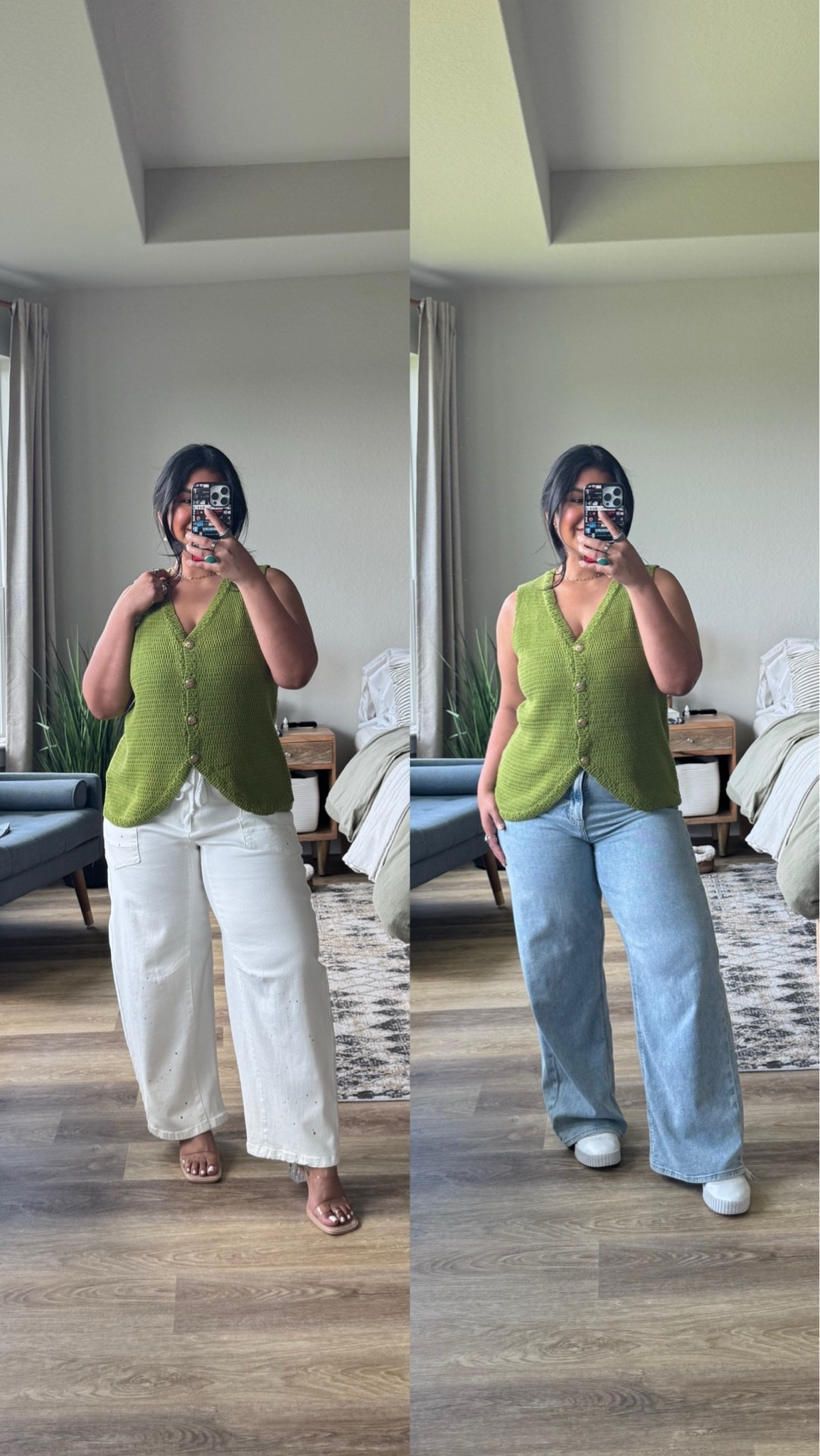 Vest is Amazon, shade Dill Green, wearing a L // white barrel jeans are Amazon, size 12, they come in multiple washes // denim jeans are AE, size 10 short (size down one, they run big)

#LTKPetite #LTKMidsize #LTKOver40