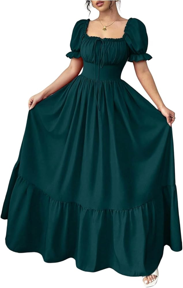 OYOANGLE Women's Puff Short Sleeve Ruffle Tiered Maxi Dress Tie Front Lace Up Flowy Cinched Waist... | Amazon (US)