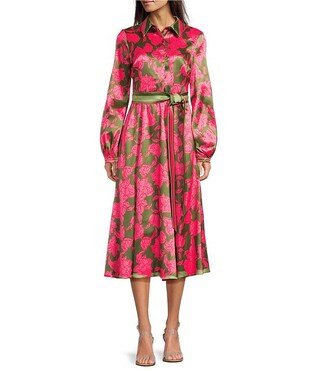 Belle by Badgley Mischka Sabrina Woven Floral Long Sleeve Belted Notch Collar A-Line Midi Dress |... | Dillard's