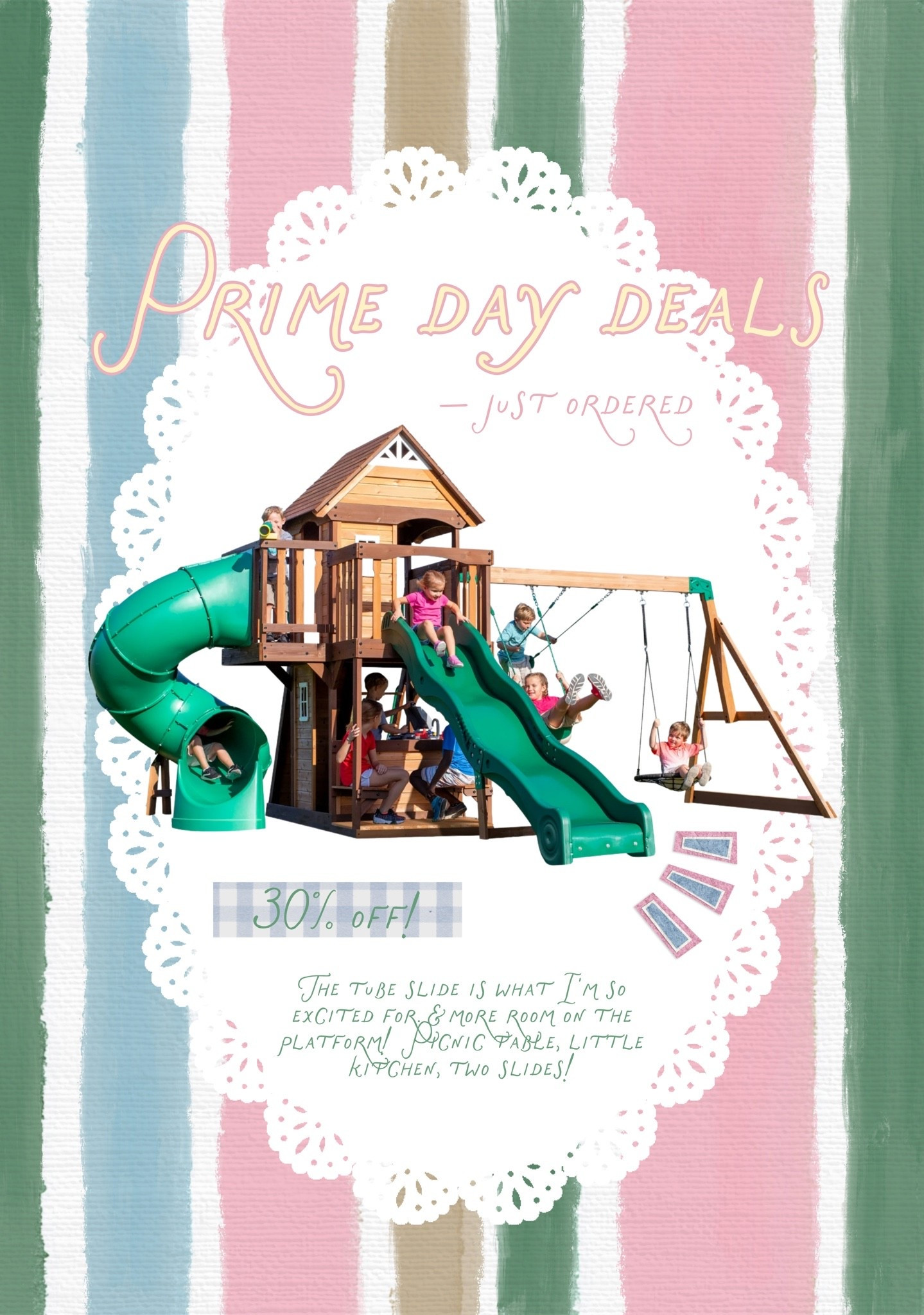 Ordered the kids a new swing set 🙈 Have been wanting to for months and finally did with all the sales!! This one had everything we wanted. We have the same brand and it’s been great, just needed more space on the playroom and wanted a tube slide for the kids!!! 🙌🏼 so excited for them to get it! 

Backyard discovery, kids swing set, Amazon prime day, prime day deals

#LTKmomlife #LTKHome #LTKKids