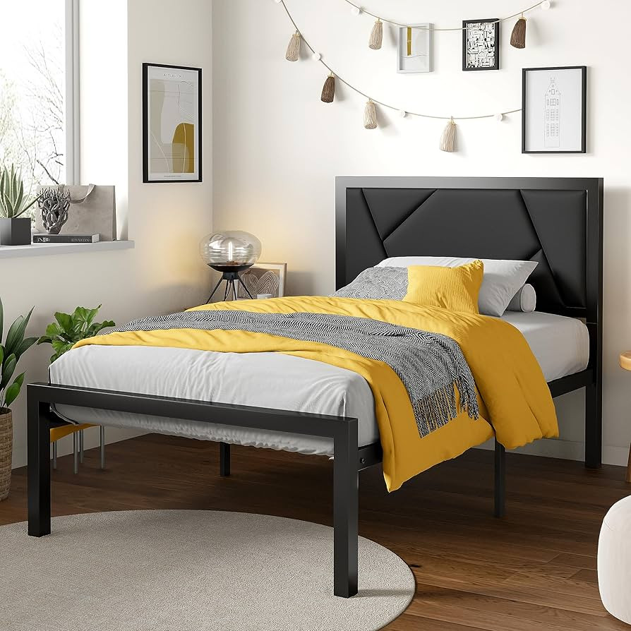 SHA CERLIN Modern Twin Size Metal Bed Frame with Litchi Grain Leather Upholstered Headboard, No Box Spring Needed, 12.4" Underbed Storage, Black | Amazon (US)