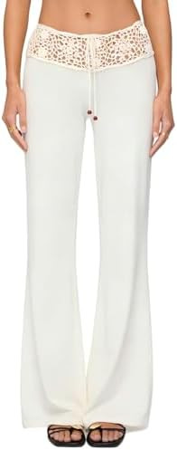 Women Summer Crochet Knit Pants Y2k Low Waist Drawstring Cover Up Pant Sexy Wide Leg Stretchy Hol... | Amazon (US)