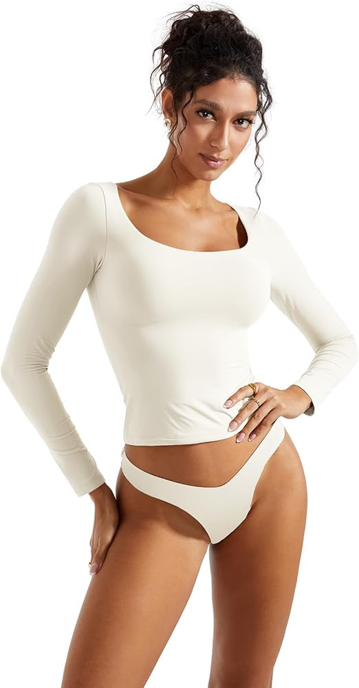 SUUKSESS Women Double Lined Fitted Basic T Shirts Scoop Neck Long Sleeve Crop Top | Amazon (US)