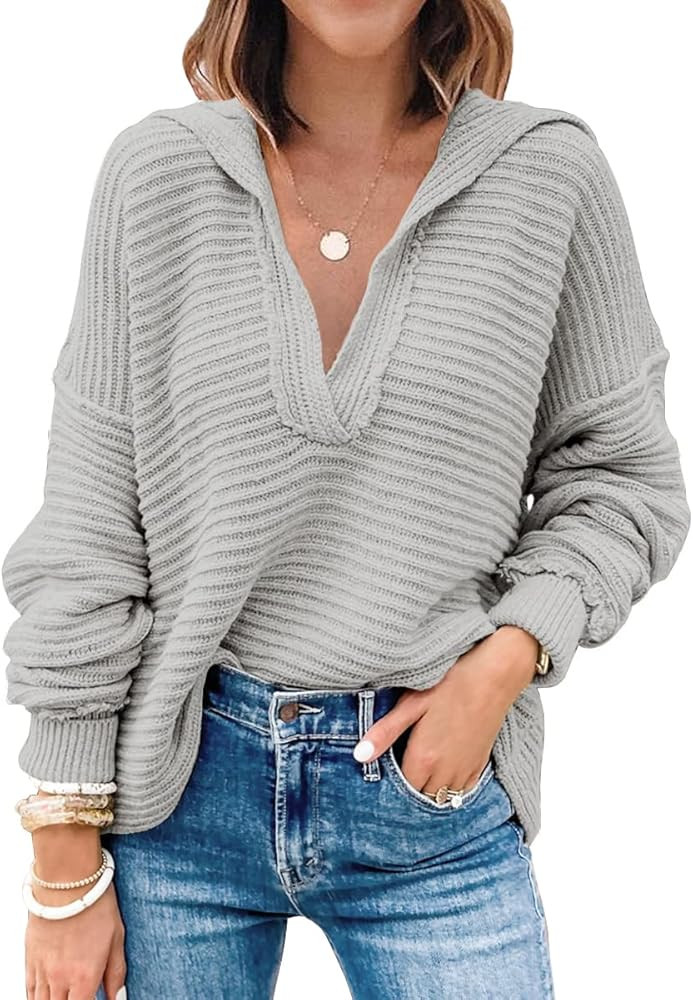 Women's V Neck Oversized Sweaters Long Batwing Sleeve Collared Asymmetrical Hem Knit Pullover Swe... | Amazon (US)