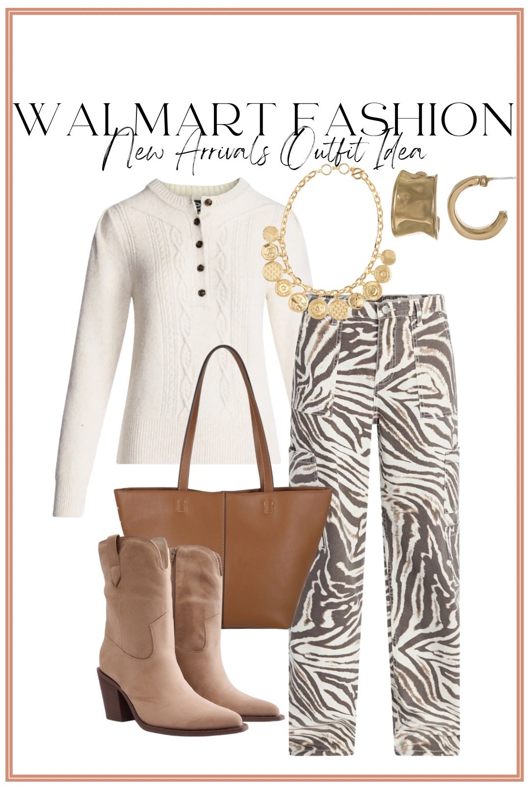 This Walmart outfit is SO good! 🤩 The zebra print jeans make such a statement paired with this classic cream cable knit sweater, and the western boots + rich brown tote pull the whole look together. I love mixing a bold print with elevated neutrals, and these Walmart new arrivals look way more expensive than they are! Add the gold statement jewelry and this is such a fun outfit for everything from dinner to a weekend out.

#walmartfashion #walmartfinds #walmartnewarrivals #walmartstyle #walmartoutfit #affordablefashion #affordablestyle #outfitideas #womensfashion #zebraprint #printedjeans #westernboots #cableknitsweater #everydaystyle #fashionfinds

#LTKootd #LTKPetite
