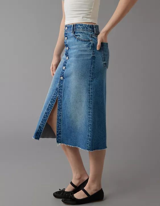 AE Stretch Super High-Waisted Denim Midi Skirt | American Eagle Outfitters (US & CA)
