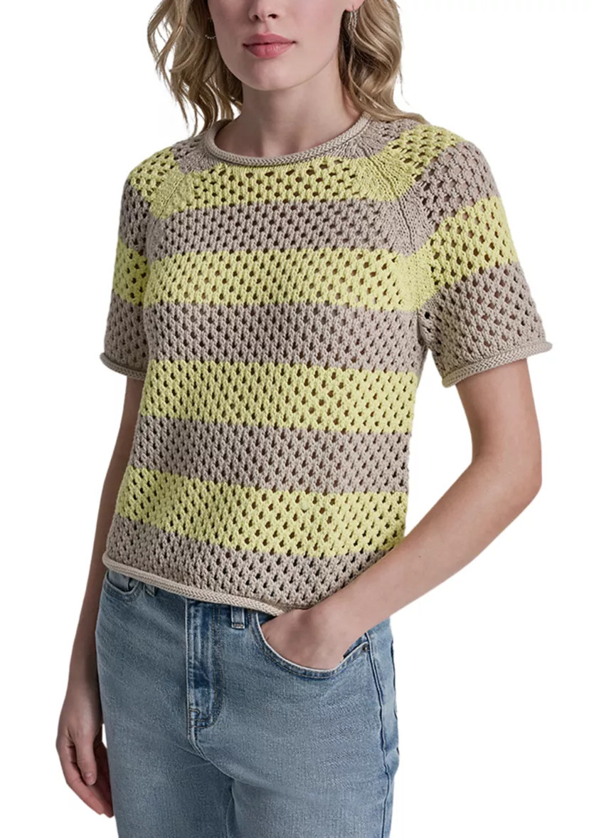 Women's Short Raglan Sleeve Striped Sweater with Logo Charm | Belk