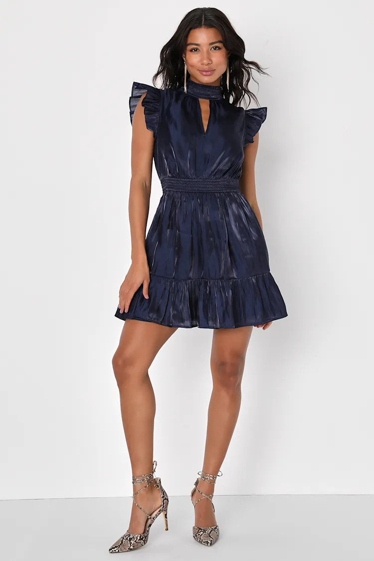 Sheen You Across the Room Navy Blue Ruffled Smocked Mini Dress | Lulus (US)