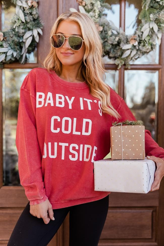 Baby It's Cold Outside Block Red Corded Graphic Sweatshirt | The Pink Lily Boutique