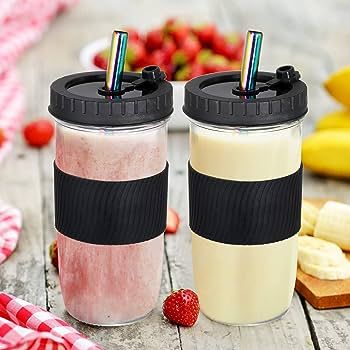 Youeon 4 Pack 24 Oz Reusable Boba Cup with Lids and Straw, Iced Coffee Cups Glass Smoothie Cups, ... | Amazon (US)