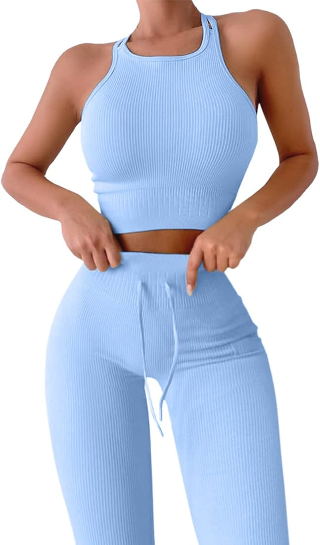 QINSEN Seamless Workout Outfits for Women 2 Piece Ribbed Crop Tank High Waist Yoga Leggings Sets | Amazon (US)