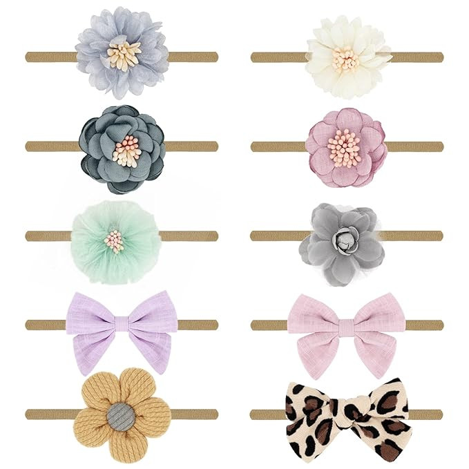 AQOKKA 10 Pack Baby Girl Nylon Headbands and Bows Newborn Infant Toddler Child Hairbands Hair Acc... | Amazon (US)