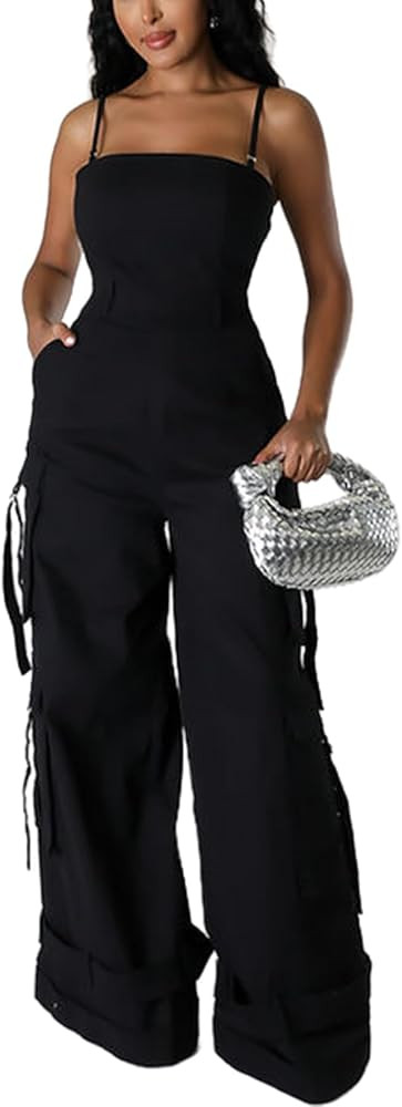 SHINFY Womens Sexy Cargo Jumpsuit Spaghetti Strap Y2K Wide Leg Cargo Pants Jumpsuits Overalls Rom... | Amazon (US)