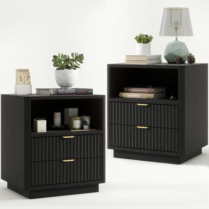 ROCSUMOO Black Nightstands Set of 2, Fluted Nightstands with 2 Drawers and Open Shelves, Large Wo... | Amazon (US)