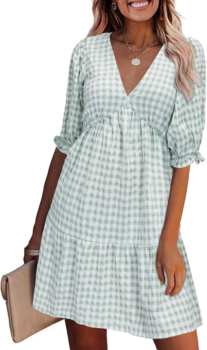 VOTEPRETTY Women's 2023 Summer Mini Casual Loose Boho Dresses V Neck Puff Short Sleeve Babydoll D... | Amazon (US)