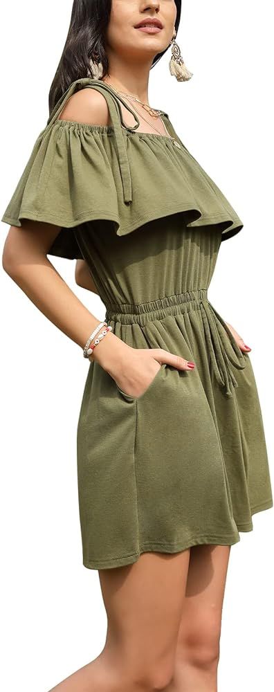 Exlura Womens Sleeveless Short Rompers Casual Summer Off Shoulder Tie Waist Strappy Wide Leg Ruffle  | Amazon (US)