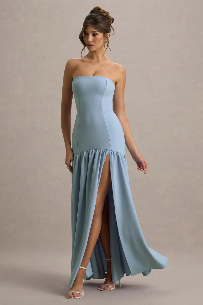 Penny | Powder Blue Bandeau Drop-Waist Maxi Dress | Club L London