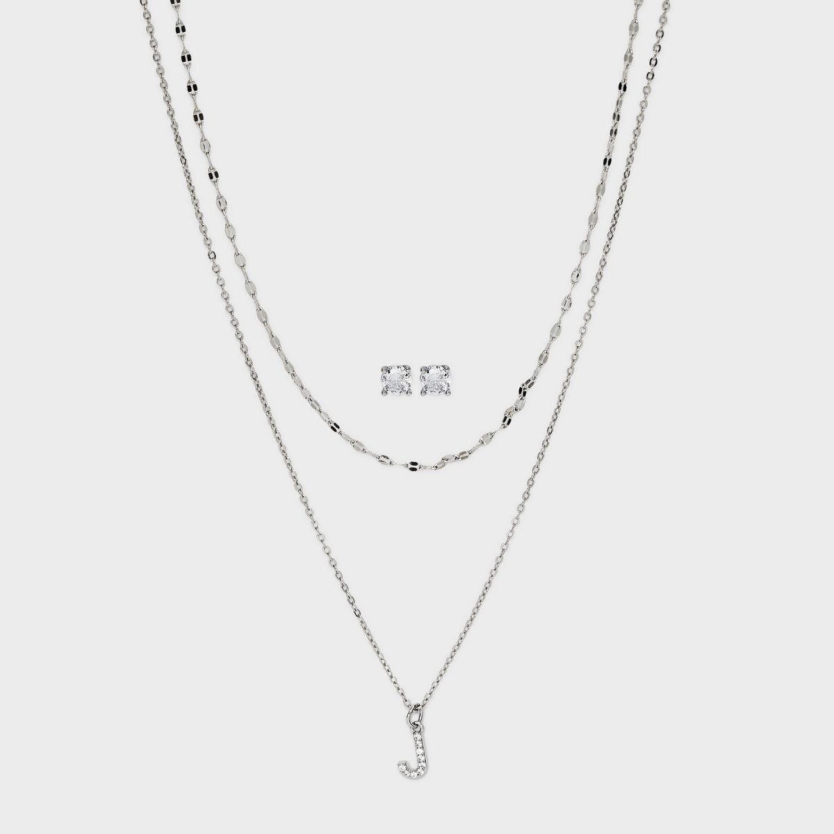 Silver Plated Cubic Zirconia Stud Earring and Initial Multi-Strand Chain Necklace Set 2pc - A New... | Target