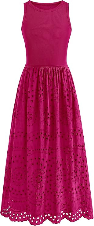 dowerme Women Summer Dresses 2026 Casual Sleeveless Crewneck A-Line Boho Lace Eyelet Cotton Tank ... | Amazon (US)