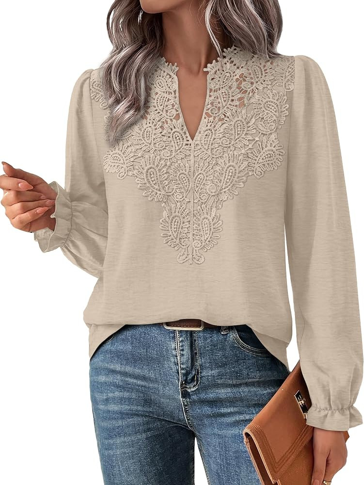WIHOLL Womens Tops Lace Long Sleeve Tops for Women Boho V Neck Blouses | Amazon (US)