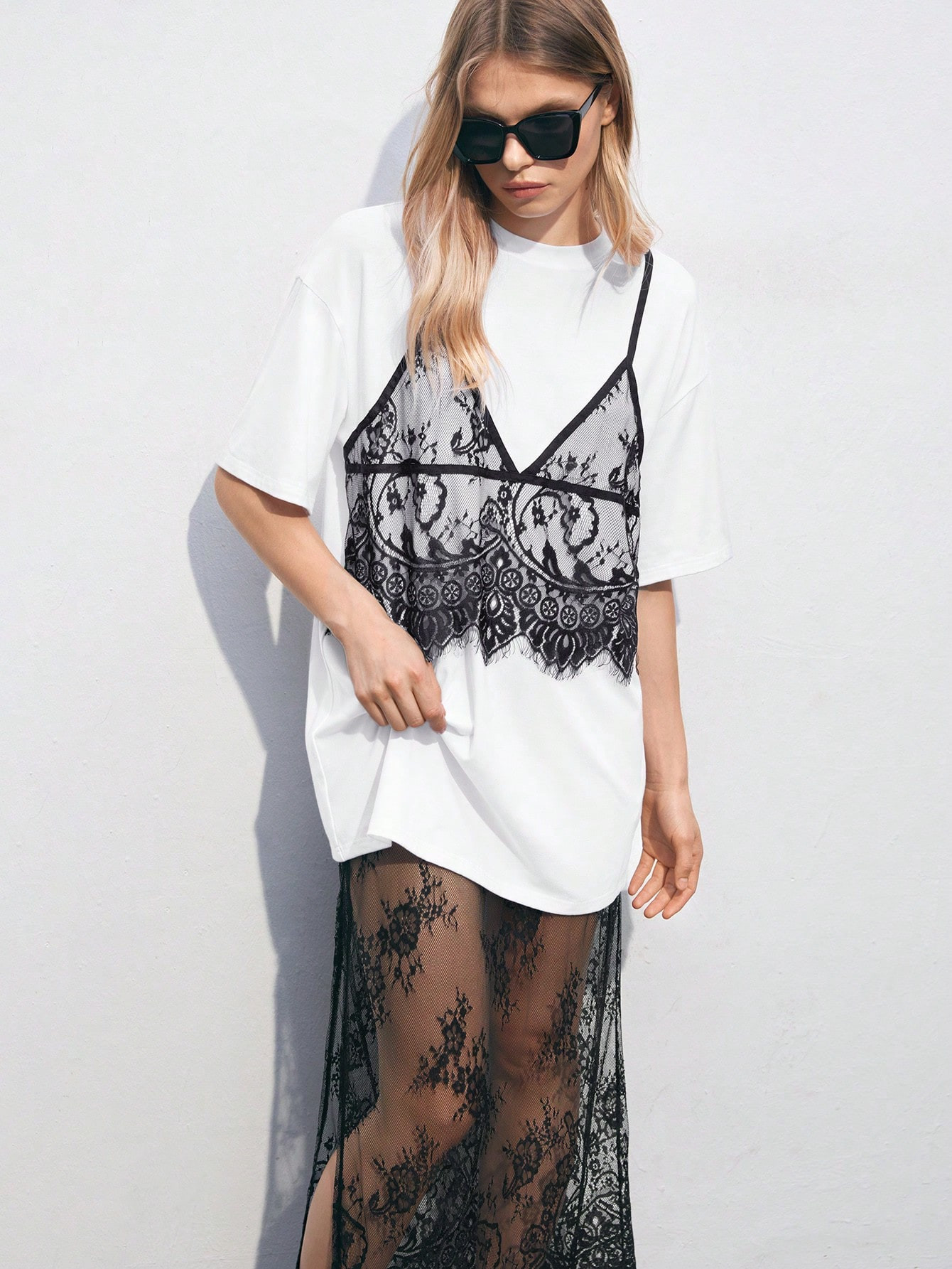 SHEIN Maija 2pcs/Set Back To School Outfit, Contrast Color Lace Patchwork Crop Top & Mini Skirt S... | SHEIN