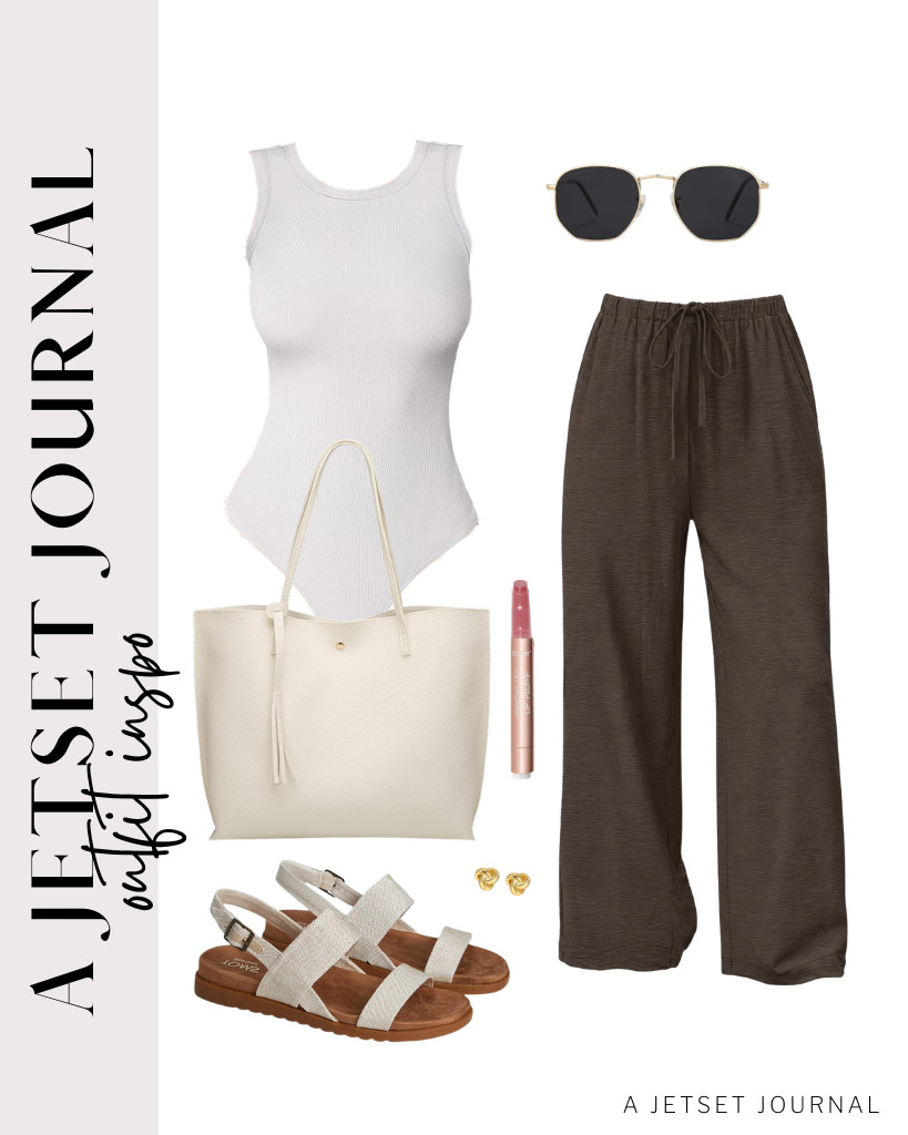 For a brown Sampeel wide-leg pants and bodysuit combination, you can wear these comfy TOMS Marin sandals. These SOJOS sunnies and a bit of tarte Maracuja Juicy Lip Plump are a great way to finish the look. 

#LTKSeasonal #LTKSaleAlert #LTKTravel
 

 