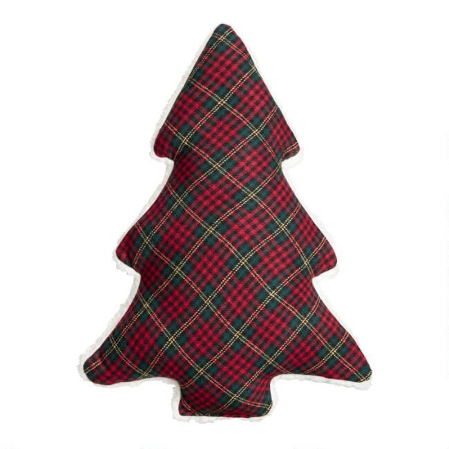 Red and Green Plaid Christmas Tree Shaped Throw Pillow | World Market