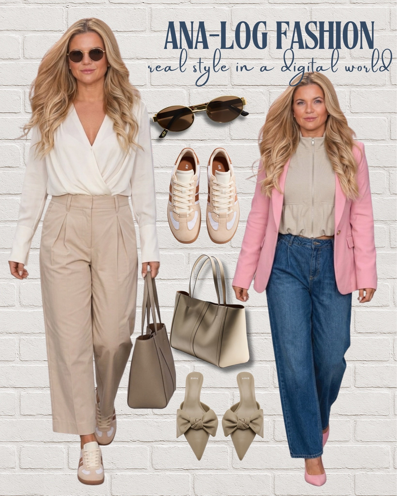 One layout, two ways to style your effortless everyday wardrobe! Whether you are leaning towards sophisticated neutrals or a chic pop of color, these two curated looks have you covered for brunch, meetings, or casual city strolls.

🌸 Look 1 (Left): A beautiful, elegant pleated wrap blouse paired with tailored high-waisted beige trousers. Perfect for an elevated, clean aesthetic that stays completely comfortable.

🌸 Look 2 (Right): A casual chic street-style option featuring wide-leg denim jeans, a beige zip-up mock neck top, and a stunning tailored pink blazer for that perfect polished touch.

Size & Fit Details:
• Wrap blouse has a gorgeous drape (true to size)
• Trousers and wide-leg jeans run true to size with a flattering high-waist fit
• Pink blazer has a classic, structured silhouette (wearing size M)
• Retro sneakers and pointed bow mules are incredibly comfy and true to size.

How to shop: Tap the image to shop both of these exact looks and access budget-friendly alternative pieces instantly in the LTK app! 🛍️

XOXO, 
Ana Randall 💗

#LTKstyletip #LTKunder100 #CapsuleWardrobe #PinkBlazer #WideLegJeans #BeigeTrousers #EffortlessChic #SmartCasual #EverydayOutfits #RetroSneakers #MulesShoes #StreetStyleInspo #MinimalistAesthetic

#LTKshoes #LTKstyletip