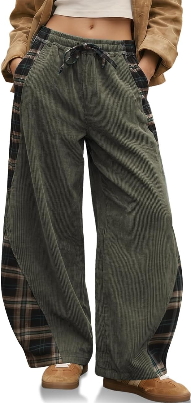 TARSE Womens Corduroy Barrel Pants with Pockets Y2K Plaid Patchwork Panels | Amazon (US)