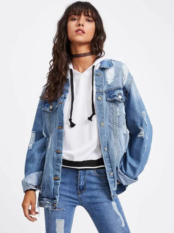 Bleach Wash Ripped Denim Jacket | SHEIN