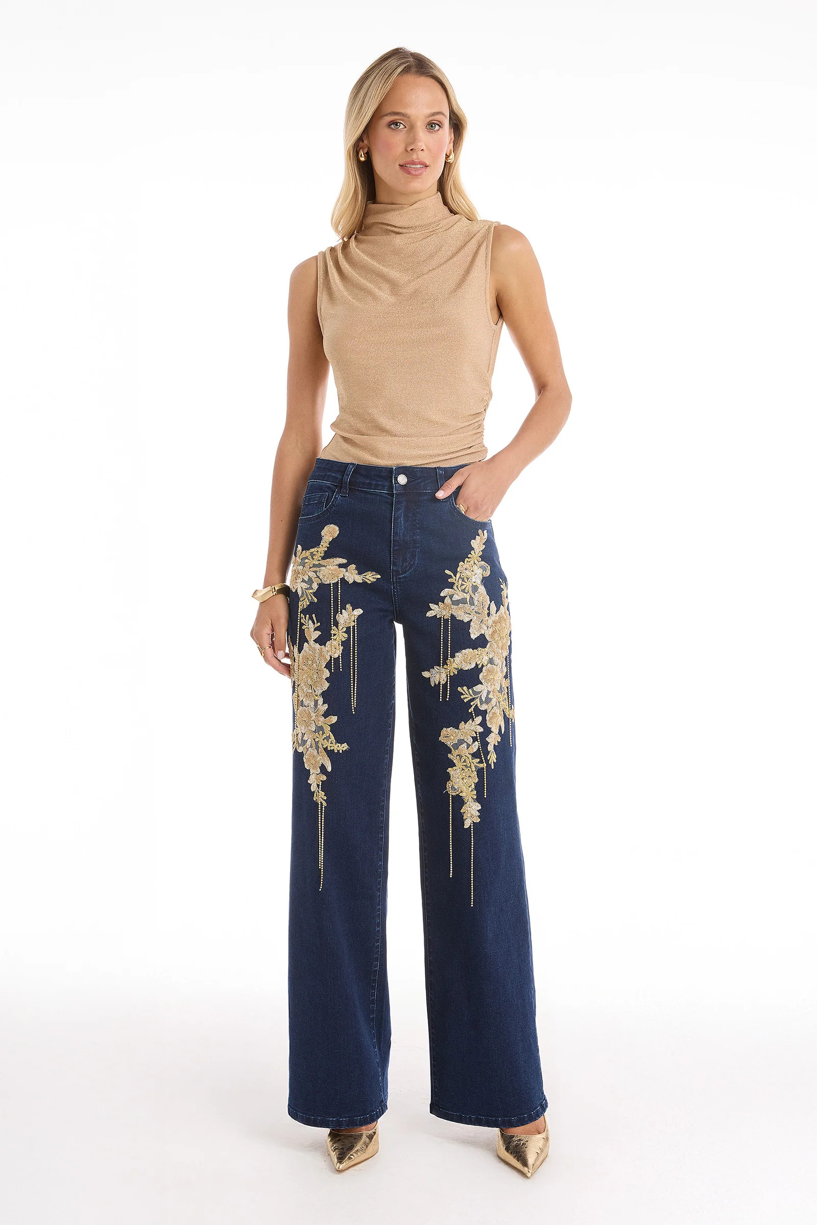 Rocco Gold Embellished Jean - Indigo | The Noli Shop