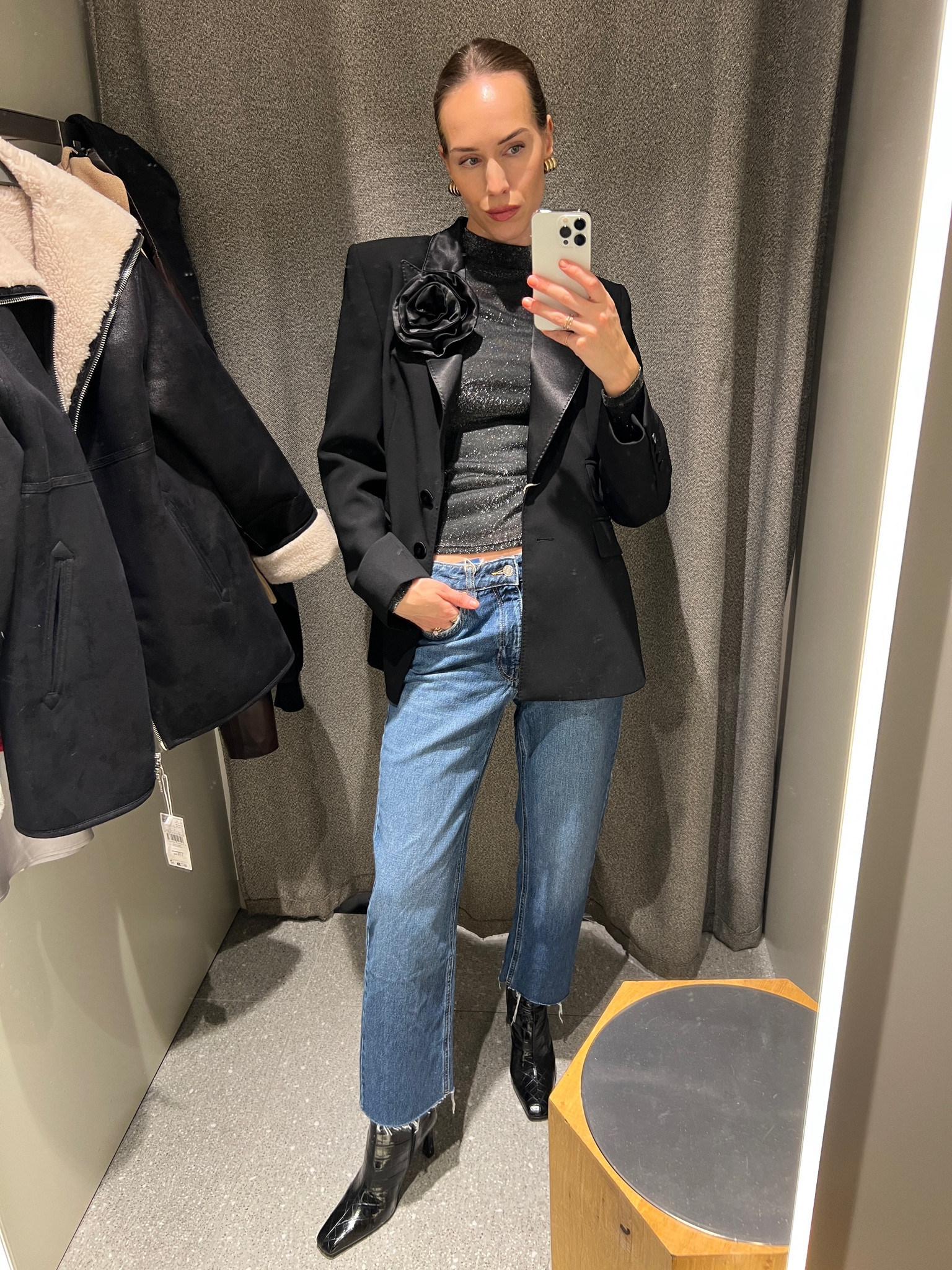 Mango new in f/w collection try-on Flower detail black blazer, shimmer top black heeled boots straight leg dark blue jeans 

#LTKeurope #LTKSeasonal #LTKHoliday