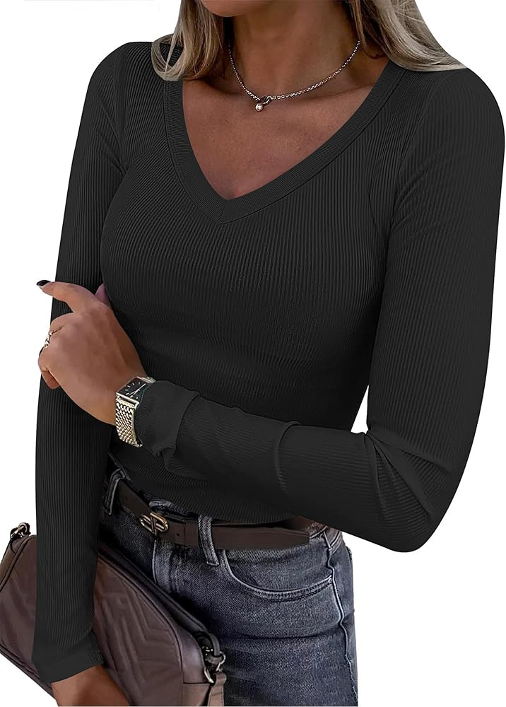 ANRABESS Long Sleeve Shirts for Women V Neck Ribbed Knit Fitted Fall Basic Tshirts Going Out Tops... | Amazon (US)