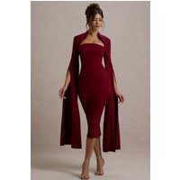 Linden | Berry Bodycon Cape-Sleeve Midi Dress | Club L London
