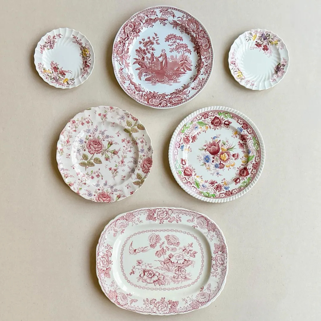 Pink Transferware Plate Wall Set, Vintage Mismatched Gallery Wall Decor | Etsy (US)