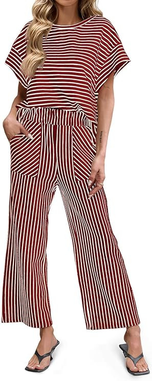 Tankaneo Womens Striped 2 Piece Sets Short Sleeve T Shirts Wide Leg Pants Matching Lounge Set wit... | Amazon (US)