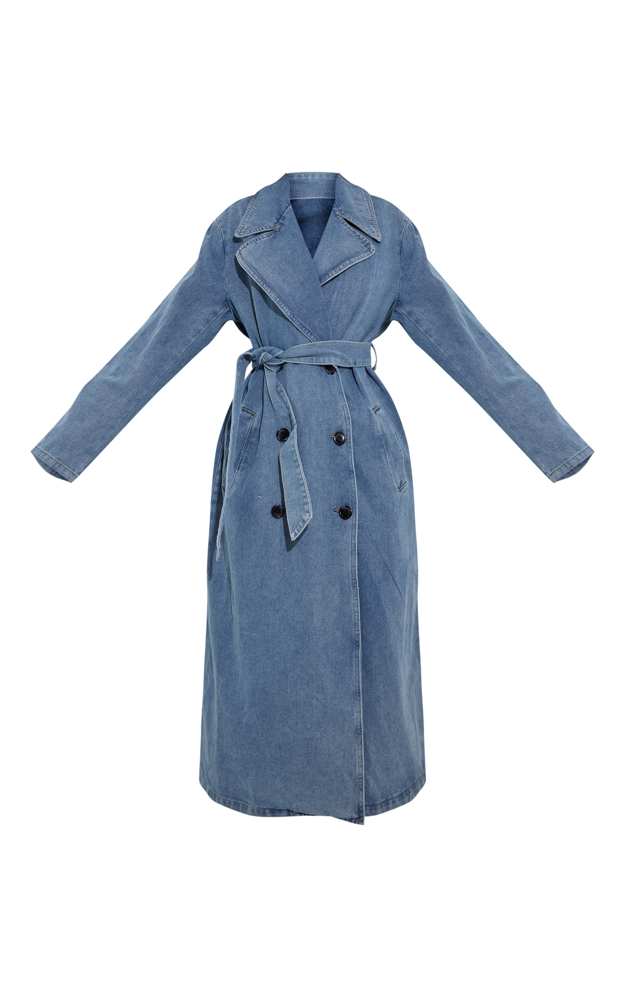 Vintage Blue Wash Denim Front Belted Trench Coat | PrettyLittleThing US